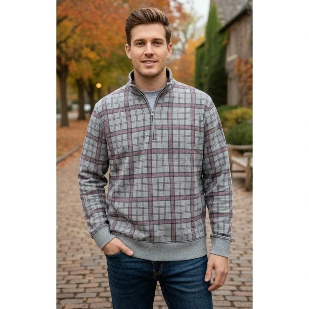 Land's End Gray Plaid Bedford Rib 1/4 Zip Pullover Knit Sweater Mens Sz L 42-44